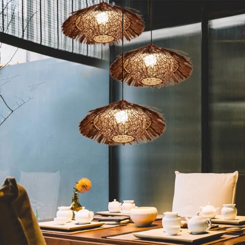 Kronleuchter Retro Rattan E27 Handgemachte Bambus Weblampe Runde Vogelnest Pendelleuchte Pastorale Landbeleuchtung Lampen Höhenverstellbare Restaurant Bauernhaus Bambus Kunst Hängeleuchte von Phtlampes