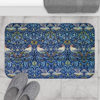 Blaue Badematte, Vogel William Morris, Blaues Badezimmer Dekor, Morris Vogel, Natur Jugendstil Vintage von PinePrintCo