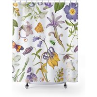 Lila Duschvorhang, Gelber Duschvorhang Pflanze, Schmetterling Dekor, Blumen Badezimmer, Natur Badezimmer von PinePrintCo