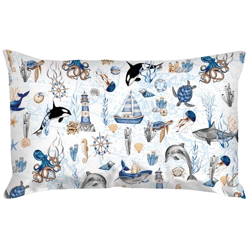 PinkZebra Kopfkissenbezug Kinder, Kissenbezug 40 x 80 cm aus 100% Baumwolle, Kissenhülle Jungen, Öko-tex Standard 100, Kinderbezüge mit Reißverschluss, Ocean von PinkZebra