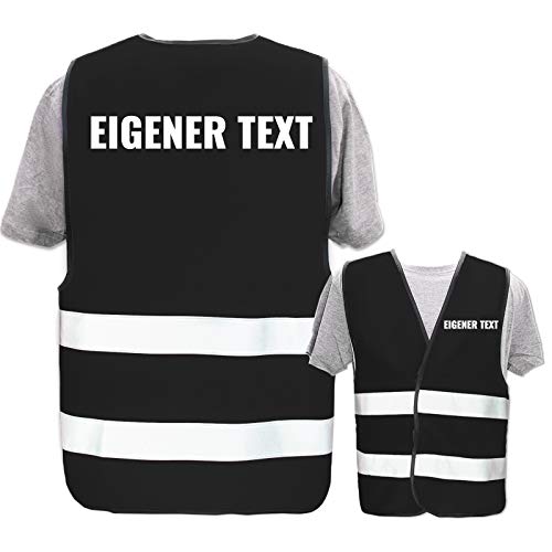 Hochwertige Warnweste mit Leuchtstreifen * Bedruckt mit: Eigener Text * Farbe + Größe: Schwarz (7XL) * Thema Sicherheit und Team * Farbiger oder Reflektierender Druck von PixiPrints.com