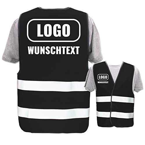 Warnweste selbst gestalten mit eigenem Aufdruck * Bedruckt mit Name Text Bild Logo Firma, Position & Druckart:Rücken + Front/Premium-Druck, Farbe & Größe:Schwarz/Größe M von PixiPrints.com