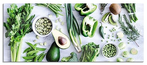 Glasbild Panorama | Wandbild aus Echtglas | Grüne Gemüse Obst Vielfalt | 100x40 cm | inkl. Aufhängung und Abstandshalter von Pixxprint