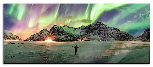 Glasbild Panorama | Wandbild aus Echtglas | Polarlichter über den Bergen bei Nacht | 100x40 cm | inkl. Aufhängung und Abstandshalter von Pixxprint