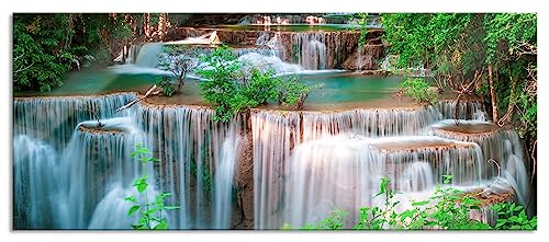 Glasbild Panorama | Wandbild aus Echtglas | Türkise Wasserfälle in Thailand | 100x40 cm | inkl. Aufhängung und Abstandshalter von Pixxprint