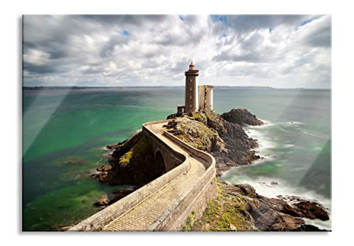 Glasbild | Wandbild aus Echtglas | Steinbrücke zum Leuchtturm Phare du Petit Minou | 80x60 cm | inkl. Aufhängung und Abstandshalter von Pixxprint