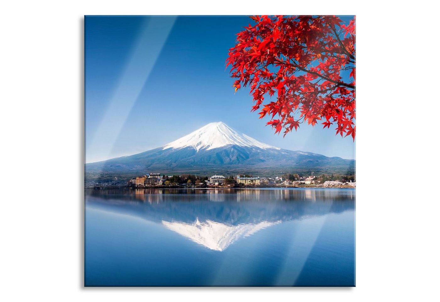 Pixxprint Glasbild Berg Fujiyama mit herbstlich rotem Baum, Berg Fujiyama mit herbstlich rotem Baum (1 St), Glasbild aus Echtglas, inkl. Aufhängungen und Abstandshalter von Pixxprint