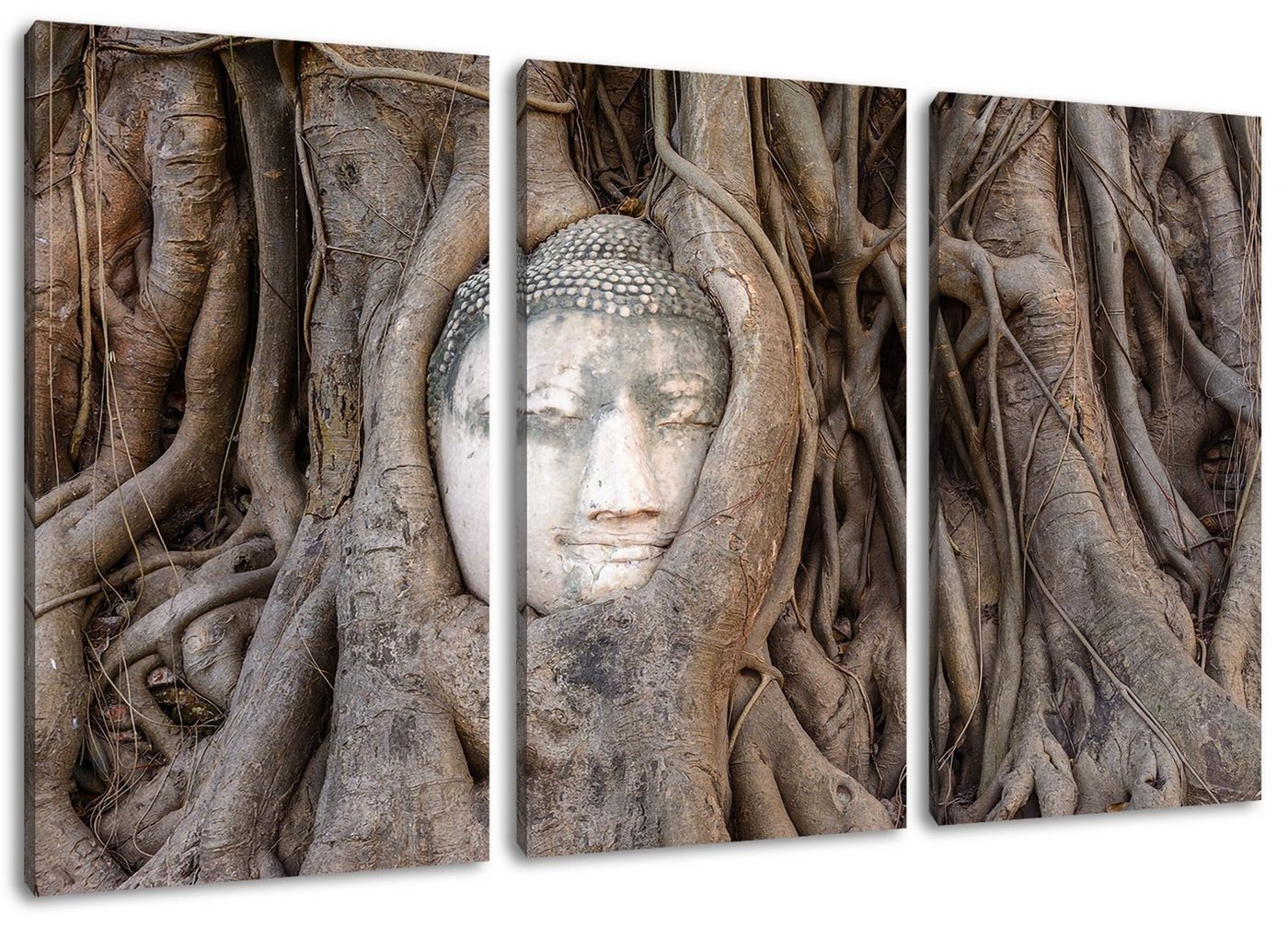 Pixxprint Leinwandbild Buddha Kopf im Baum, Buddha Kopf im Baum 3Teiler (120x80cm) (1 St), Leinwandbild fertig bespannt, inkl. Zackenaufhänger von Pixxprint