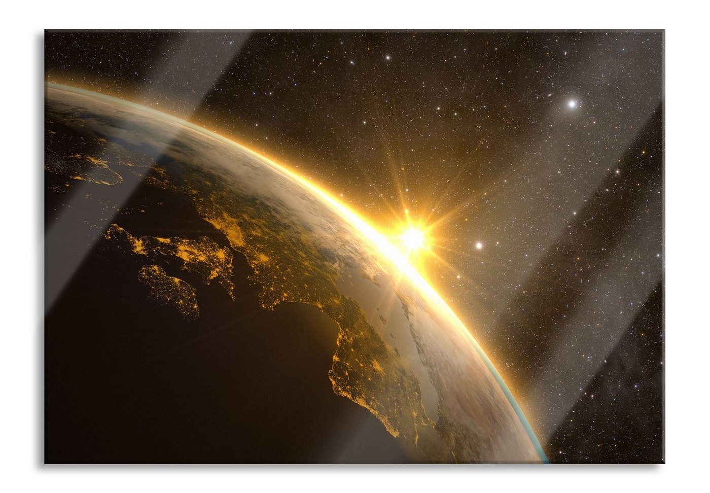 Pixxprint Glasbild Die Sonne und Erde im Weltall, Die Sonne und Erde im Weltall (1 St), Glasbild aus Echtglas, inkl. Aufhängungen und Abstandshalter von Pixxprint