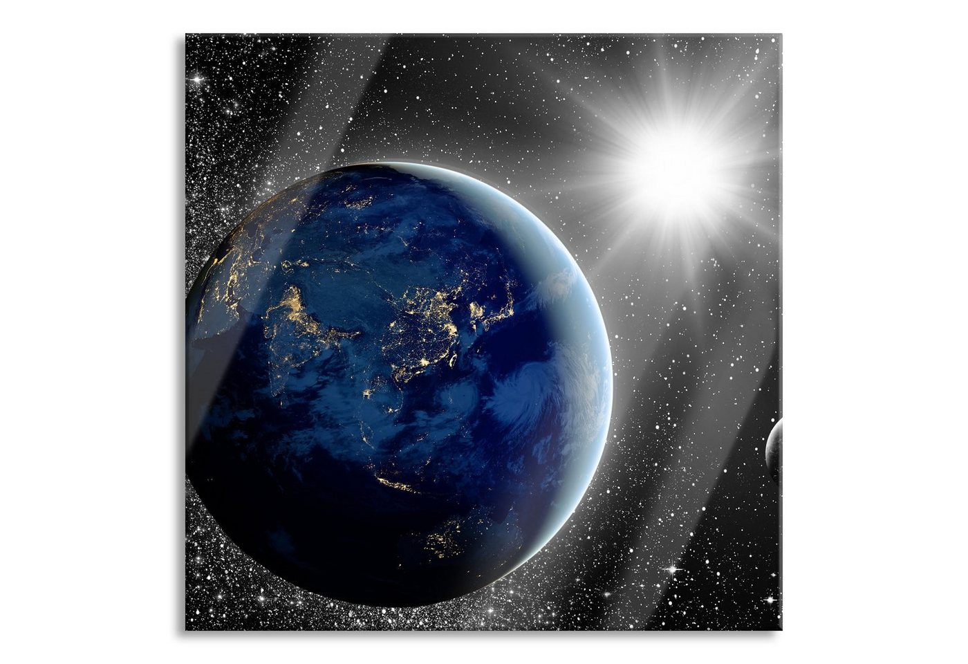Pixxprint Glasbild Erde mit Sonne im Weltall, Erde mit Sonne im Weltall (1 St), Glasbild aus Echtglas, inkl. Aufhängungen und Abstandshalter von Pixxprint