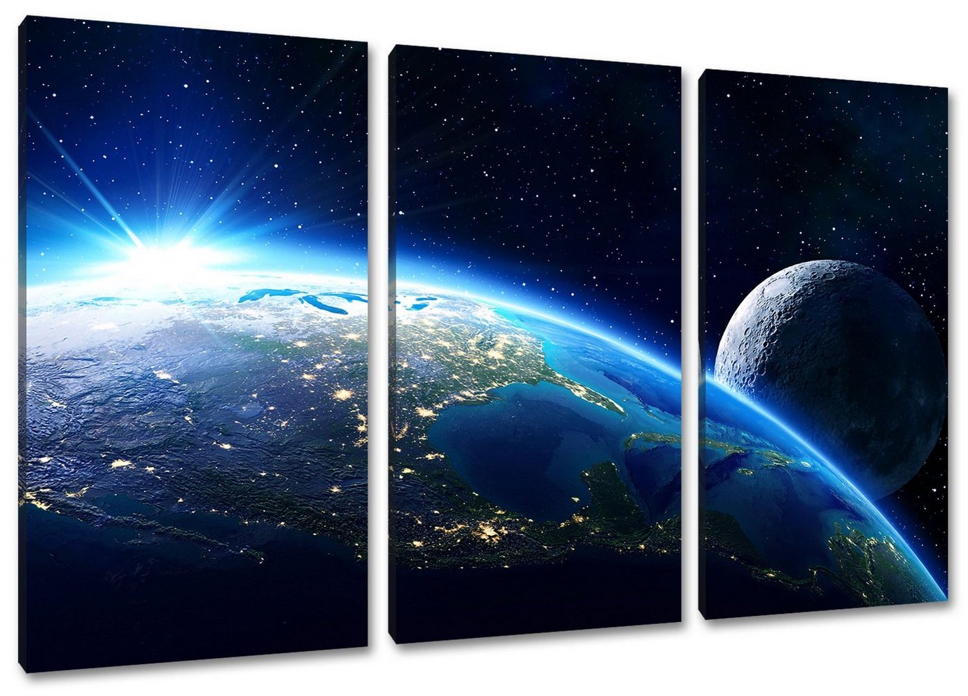 Pixxprint Leinwandbild Erde und ihr Mond aus dem All, Erde und ihr Mond aus dem All 3Teiler (120x80cm) (1 St), Leinwandbild fertig bespannt, inkl. Zackenaufhänger von Pixxprint