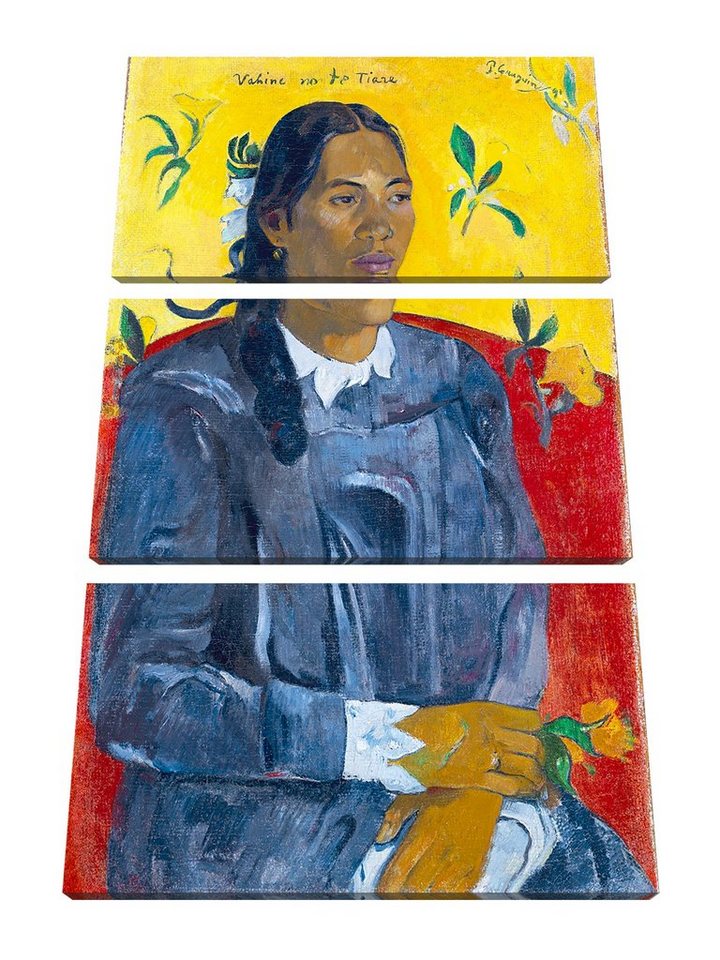 Pixxprint Leinwandbild Paul Gauguin - Frau mit Blume, Paul Gauguin - Frau mit Blume 3Teiler (120x80) (1 St), Leinwandbild fertig bespannt, inkl. Zackenaufhänger von Pixxprint
