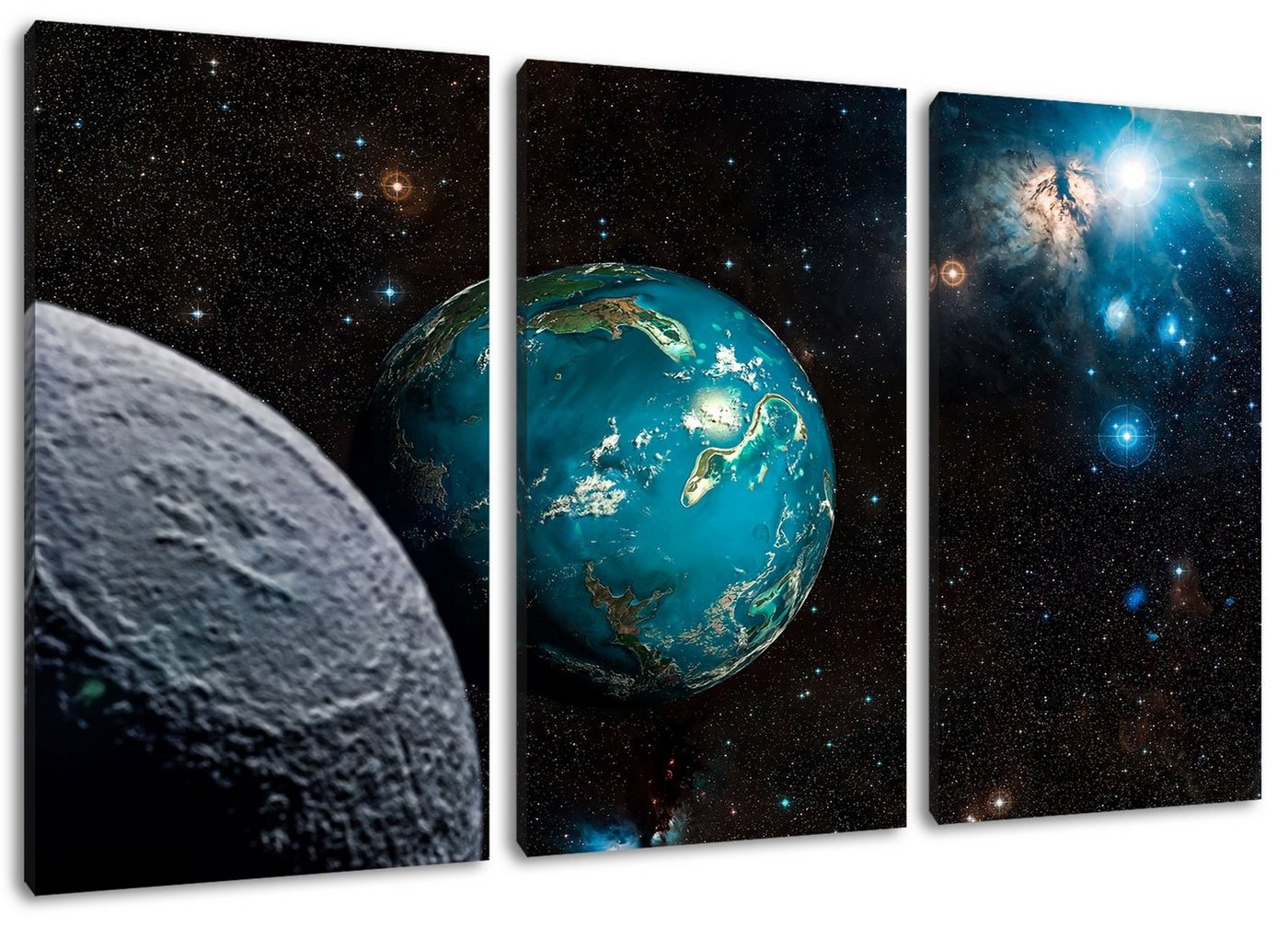 Pixxprint Leinwandbild Planet Erde im Kosmos, Planet Erde im Kosmos 3Teiler (120x80cm) (1 St), Leinwandbild fertig bespannt, inkl. Zackenaufhänger von Pixxprint