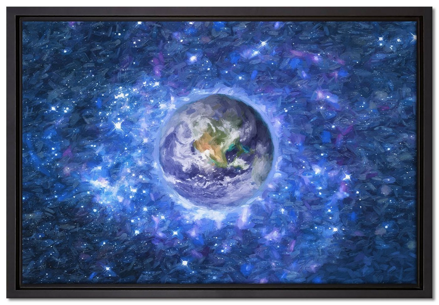 Pixxprint Leinwandbild Planet Erde im Weltraum Kunst, Wanddekoration (1 St), Leinwandbild fertig bespannt, in einem Schattenfugen-Bilderrahmen gefasst, inkl. Zackenaufhänger von Pixxprint