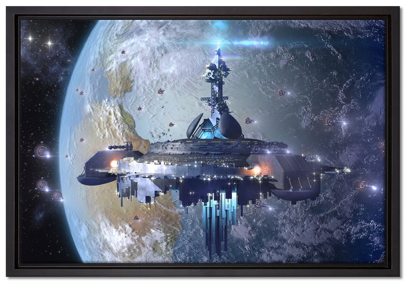 Pixxprint Leinwandbild Raumschiff vor der Erde, Wanddekoration (1 St), Leinwandbild fertig bespannt, in einem Schattenfugen-Bilderrahmen gefasst, inkl. Zackenaufhänger von Pixxprint