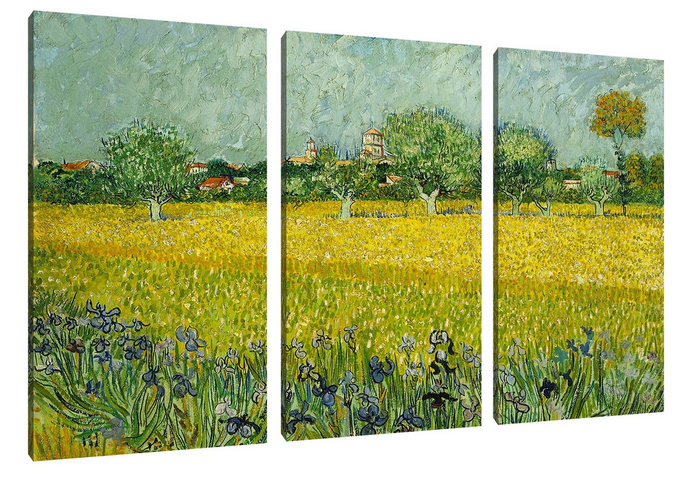 Pixxprint Leinwandbild Vincent Van Gogh - Feld mit Blumen in der Nähe von Arle, Vincent Van Gogh - Feld mit Blumen in der Nähe von Arle 3Teiler (120x80) (1 St), Leinwandbild fertig bespannt, inkl. Zackenaufhänger von Pixxprint