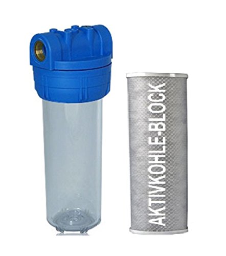 Filtergehäuse SET 10 Zoll mit 1" Wasseranschluß + AKTIVKOHLE Block FILTER Patrone, GEHÄUSE mit Filterkartuscheals Vorfilter für Wasserfilter , Umkehrosmose Anlage Hauswasserwerk Brunnenwasser Garten Pool Bakterienfilter Geruch von Planet-Aqua