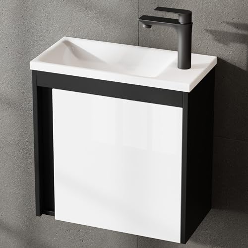 Planetmöbel Badmöbel Set 2-teilig Waschbecken mit Unterschrank 50 x 48,3 x 24,8 cm schwarz matt/weiß Hochglanz, Waschbeckenunterschrank mit Einsatz-Waschbecken weiß von Planetmöbel