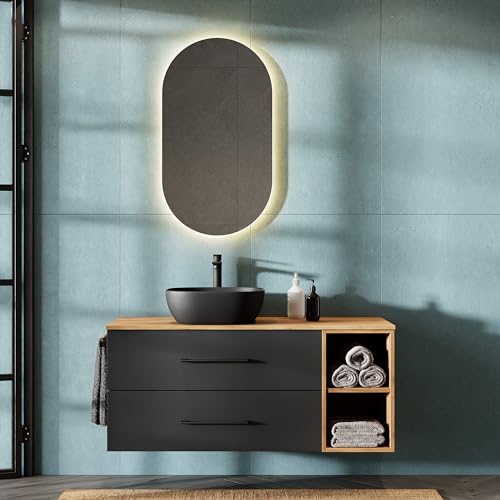 Planetmöbel LUX Badmöbel Set Waschbecken mit Unterschrank 120 cm, Aufsatz-Waschbecken 42 cm schwarz, Spiegel 50 cm (ohne LED) Waschbeckenunterschrank Gold Eiche/Anthrazit von Planetmöbel