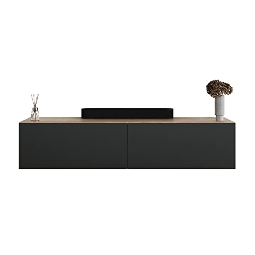 Planetmöbel TV Board 140 cm Gold Eiche/Anthrazit, TV Schrank mit 2 Klappen als Stauraum, Lowboard hängend oder stehend, Sideboard Wohnzimmer von Planetmöbel