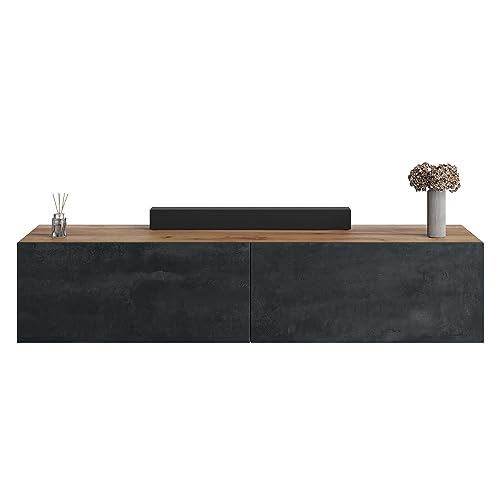 Planetmöbel TV Board 140 cm Gold Eiche/Schwarz Charcoal, TV Schrank mit 2 Klappen als Stauraum, Lowboard hängend oder stehend, Sideboard Wohnzimmer von Planetmöbel