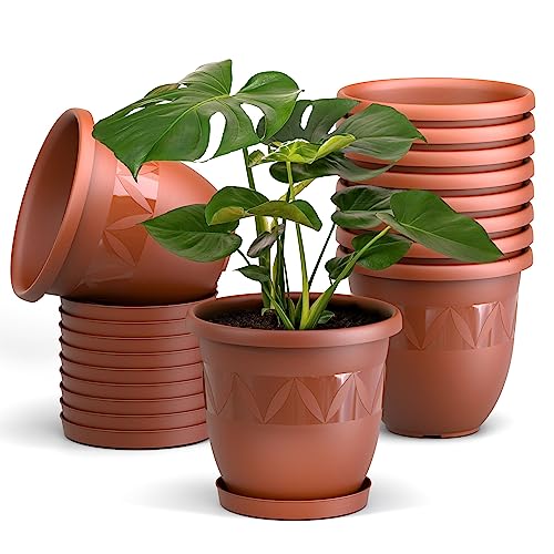 Blumentopf 10er Set 15 cm Durchmesser Terrakotta - runder Pflanzkübel mit Untersetzer aus Kunststoff - witterungsbeständiger Übertopf, großer Pflanztopf von Plastard