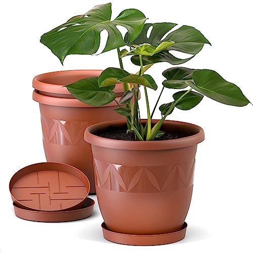 Blumentopf 3er Set 21 cm Durchmesser Terrakotta runder Pflanzkübel mit Untersetzer aus Kunststoff witterungsbeständiger Übertopf großer Pflanztopf Kräutertopf für Innen und Außen von Plastard