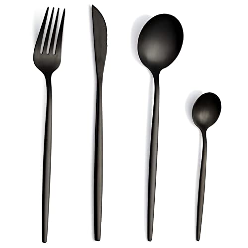 Besteck Set, Besteck Set für 6 Personen, 24 teilig Besteck Set Schwarz Matt, Besteckset aus Edelstahl, Essbesteck mit Messer, Gabel, Löffel, Spülmaschinenfest von Pleafind