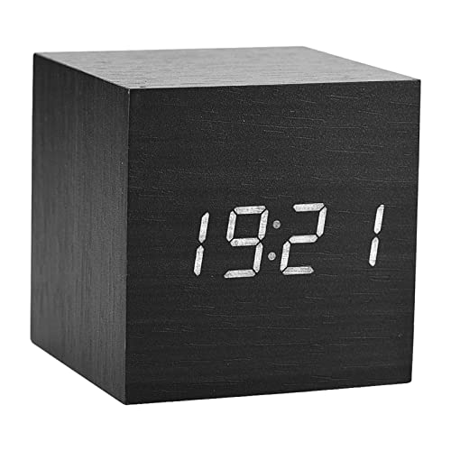 Holzwecker, kleine moderne LED-Würfel-Digitaluhr mit Uhrzeit, Temperatur in C/ F, Thermometer, Wecker, Sprachsteuerung, für Schlafzimmer, Wohnzimmer, Büro (Schwarz) von Plyisty