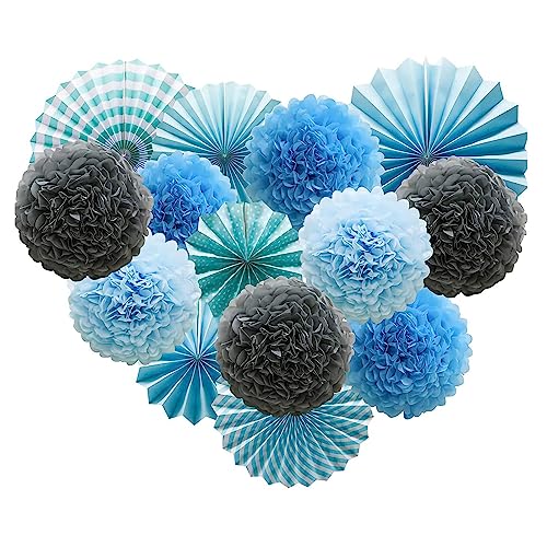 Pnxdeobxl 14 Stück Seidenpapier Basteln Pompoms, Blau Pompoms Deko, Bunt Seidenpapier Pompons, Pompoms Tissue Blumen, Blau Hochzeitsdeko, zur Partydekoration von PnxdeobXL