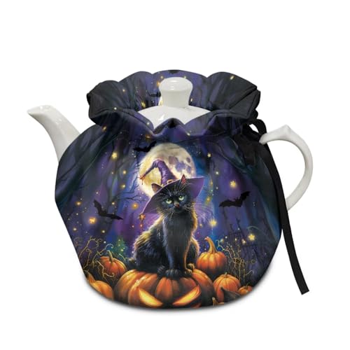 Poceacles Teewärmer für Teekanne, Staubschutz mit Isolierkissen, weicher Stoff, Wasserkocher, Stoffbezug für Küche, Tischdekoration, schwarze Katze, Kürbis, Mond, Fledermaus, Halloween-Dekoration Poceacles Teewärmer für Teekanne, Staubschutz mit Isolierkissen, weicher Stoff, Wasserkocher, Stoffbezug für Küche, Tischdekoration, schwarze Katze, Kürbis, Mond, Fledermaus, Halloween-Dekoration von Poceacles