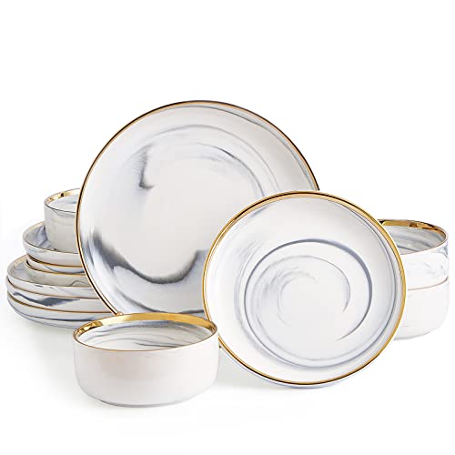 Pokini Geschirrsets, Marmor, Gold Line, Teller und Schüsseln, Service für 4, 12-teiliges graues Marmor-Porzellan, runde Geschirr-Sets von Pokini