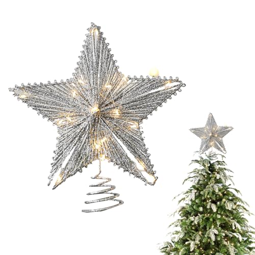 Weihnachtsbaumspitze Stern Silber mit LED-Lichterkette, Kreative 3D Christbaumspitze Weihnachten Baumspitze Deko, Weihnachtsverzierung, Weihnachtsbaum Stern für Zuhause Büro Weihnachtsbaumschmuck von Pomurom