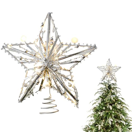 Weihnachtsbaumspitze Stern Silber mit LED-Lichterkette, Kreative 3D Christbaumspitze Weihnachten Baumspitze Deko, Weihnachtsverzierung, Weihnachtsbaum Stern für Zuhause Büro Weihnachtsbaumschmuck von Pomurom