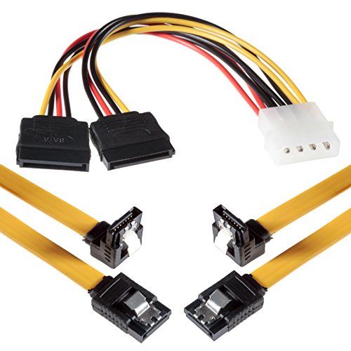 POPPSTAR 2x 50cm Sata 3 Datenkabel in gelb (Sata Kabel - Stecker gerade auf gewinkelt), mit 20cm 4-pin Stromadapter auf 2x 15-pin von POPPSTAR