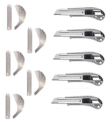 Alu- Cuttermesser inkl. 50 Ersatzklingen, 18 mm Abbrechklingen, automatische Klingenarretierung, Inhalt: 5 Stück von Pora