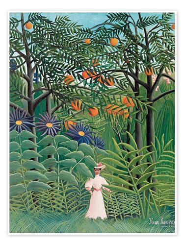 Frau auf einem Spaziergang durch einen exotischen Wald Poster von Henri Rousseau Wandbilder für jeden Raum 90 x 120 cm Grün Naive Kunst Wanddeko von Posterlounge