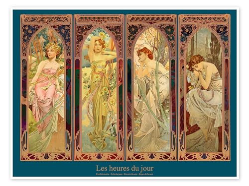 Les heures du jour (Die Vier Tageszeiten) Poster von Alfons Mucha 70 x 50 cm Petrol Jugendstil Wanddeko von Posterlounge