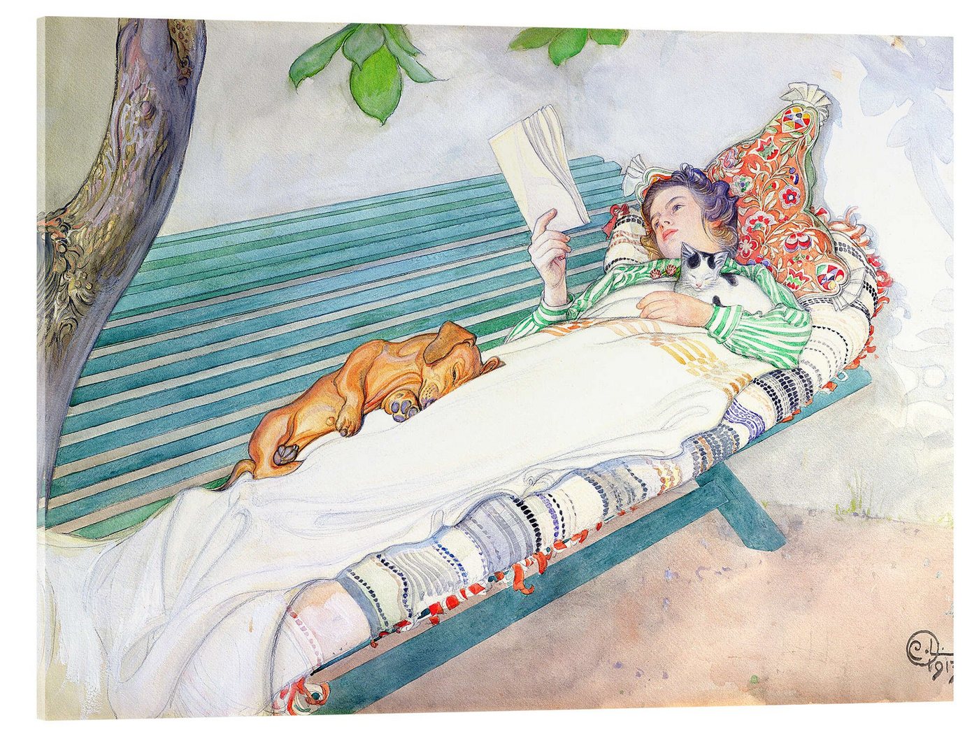 Posterlounge Acrylglasbild Carl Larsson, Auf einer Bank liegende Frau, Badezimmer Landhausstil Malerei von Posterlounge