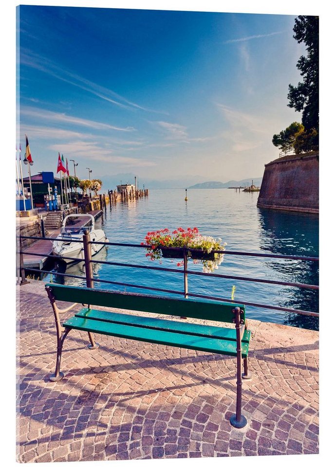 Posterlounge Acrylglasbild Editors Choice, Bank an der Küste von Garda in Peschiera, Esszimmer Fotografie von Posterlounge
