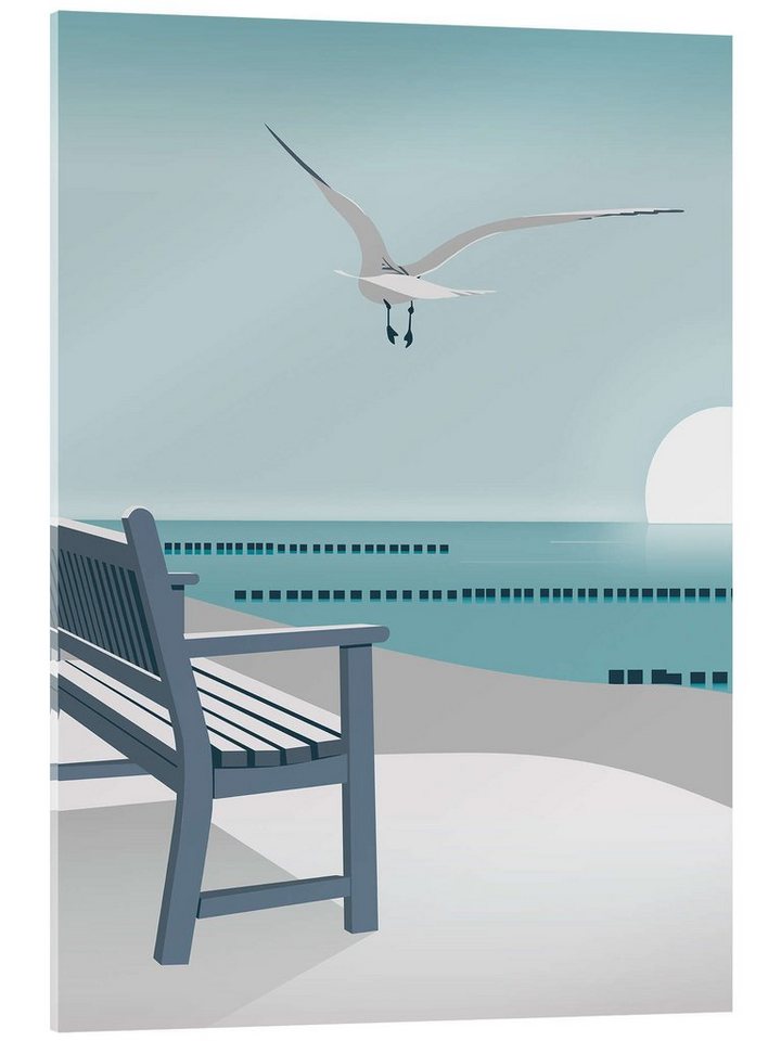 Posterlounge Acrylglasbild Elke Frisch, Bank am Meer, Badezimmer Maritim Illustration von Posterlounge