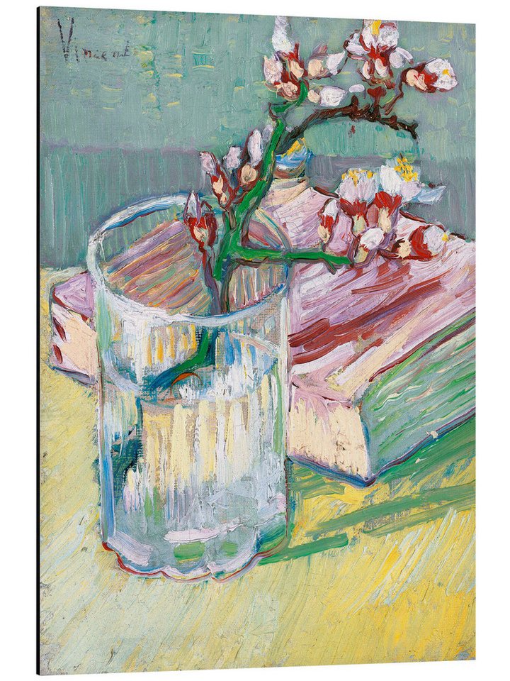 Posterlounge Alu-Dibond-Druck Vincent van Gogh, Blühender Mandelzweig in einem Glas mit einem Buch, Wohnzimmer Malerei von Posterlounge