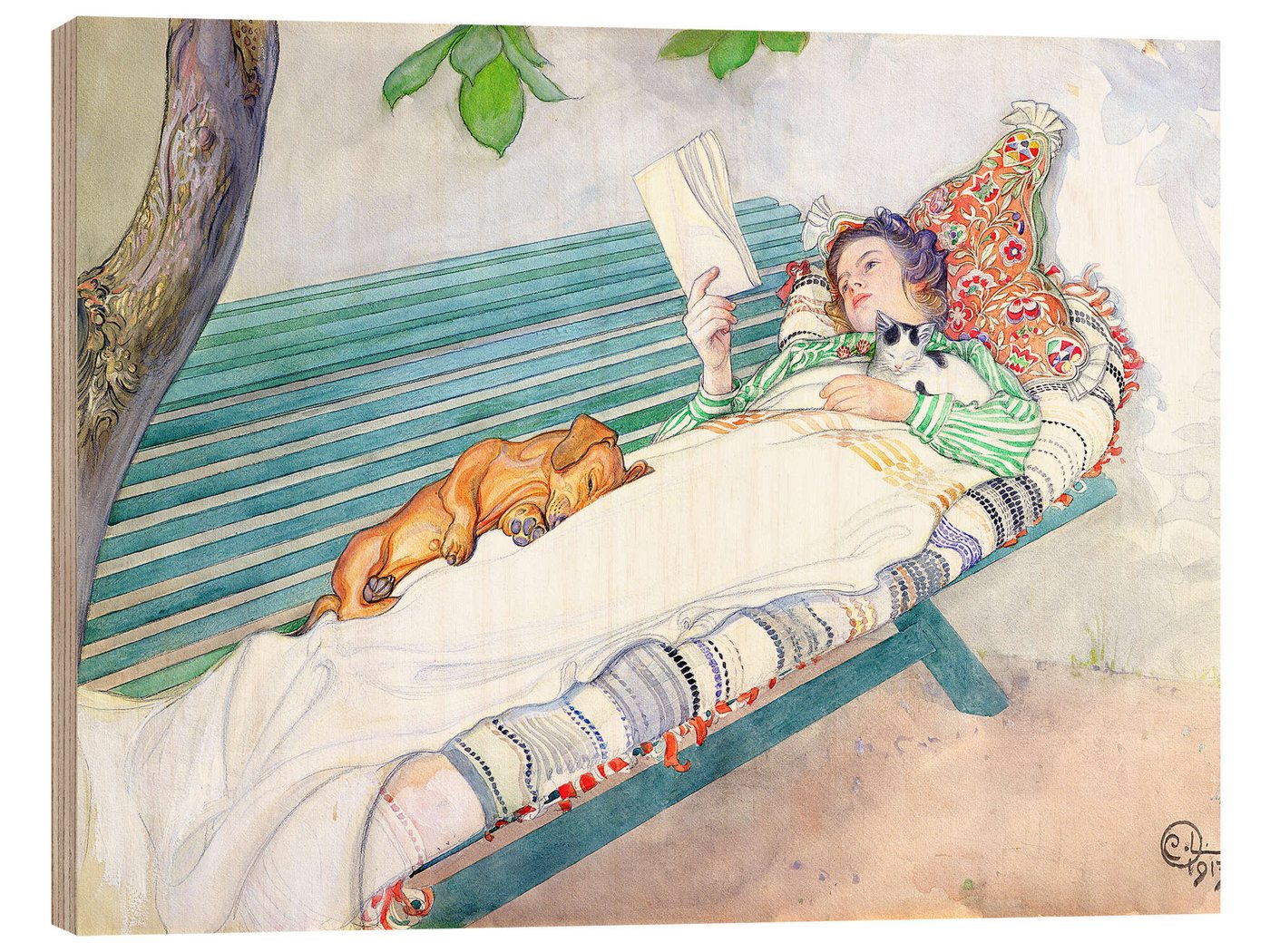 Posterlounge Holzbild Carl Larsson, Auf einer Bank liegende Frau, Wohnzimmer Landhausstil Malerei von Posterlounge