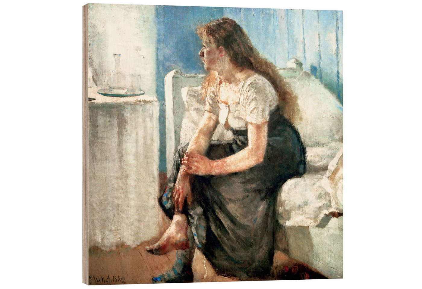 Posterlounge Holzbild Edvard Munch, Mädchen auf dem Bett, Malerei von Posterlounge