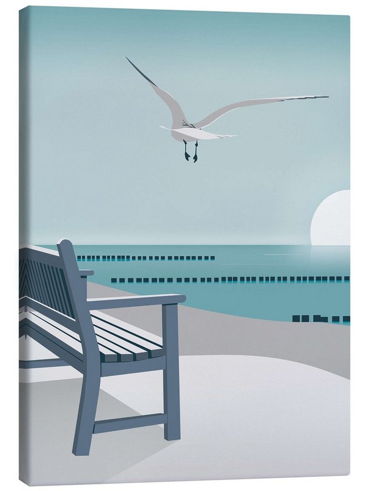 Posterlounge Leinwandbild Elke Frisch, Bank am Meer, Badezimmer Maritim Illustration von Posterlounge