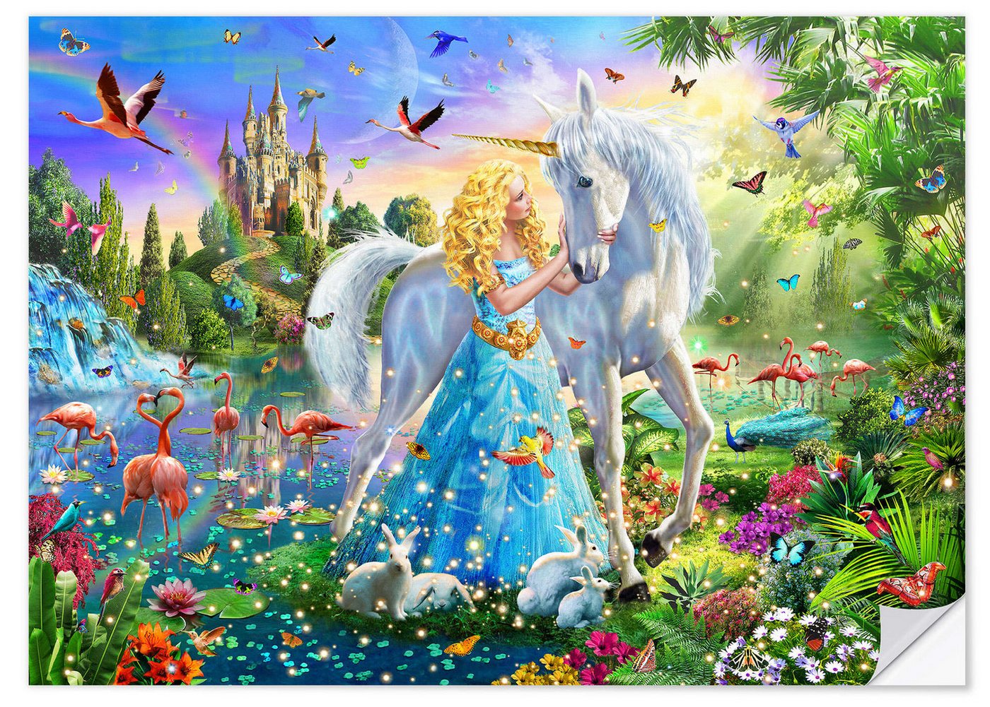 Posterlounge Wandfolie Adrian Chesterman, Die Prinzessin, das Einhorn und das Schloss, Kinderzimmer Illustration von Posterlounge