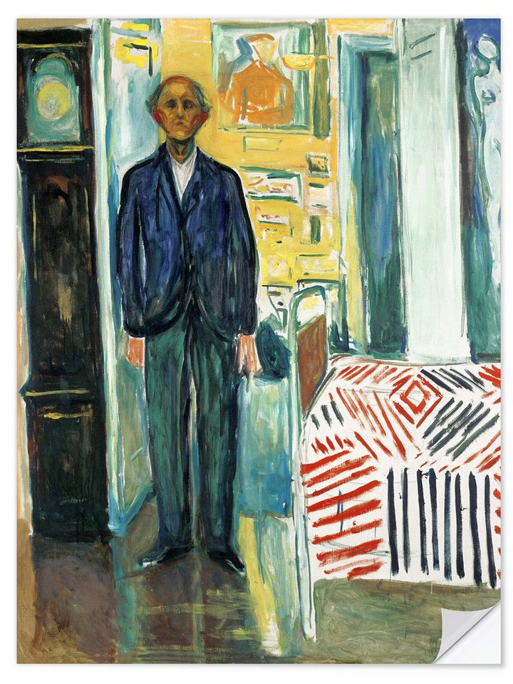 Posterlounge Wandfolie Edvard Munch, Selbstbildnis zwischen Uhr und Bett, Malerei von Posterlounge