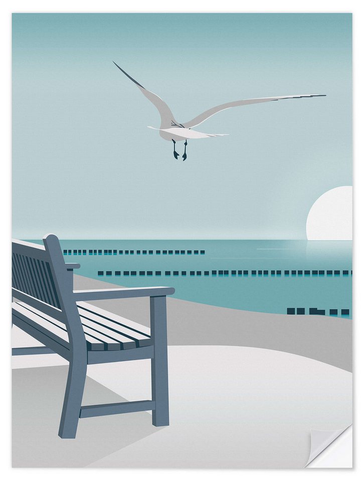 Posterlounge Wandfolie Elke Frisch, Bank am Meer, Badezimmer Maritim Illustration von Posterlounge