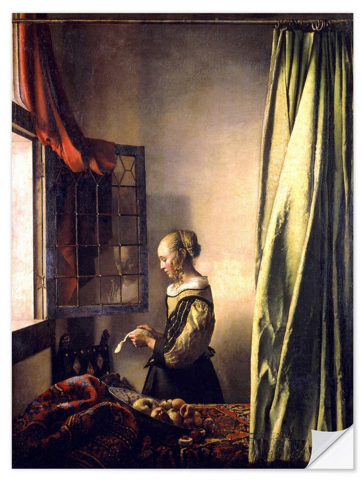 Posterlounge Wandfolie Jan Vermeer, Brieflesendes Mädchen am offenen Fenster, Malerei von Posterlounge