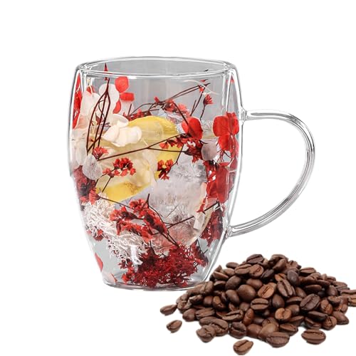 350ml Doppelwandige Glasbecher Tasse Mit Trockenen Blumen, Transparenter Heißer Und Kalter Kaffeegläser, Kaffeetassen Glas Doppelwandig Dry Flower Cup Für Heiße Oder Kalte Getränke von Poupangke